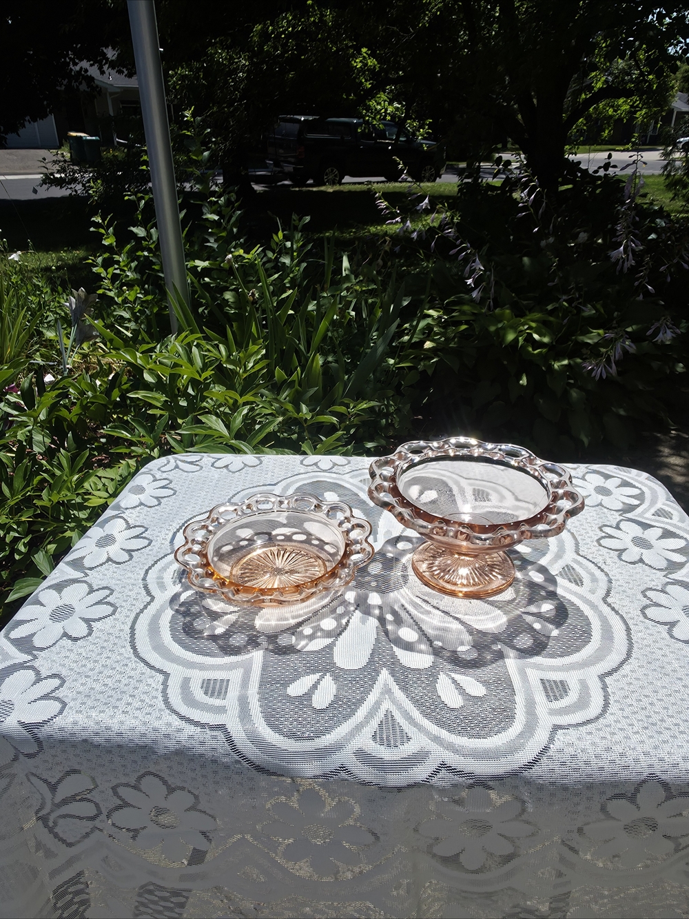 Anchor Hocking Pink Depression Glass Compote and Bowl